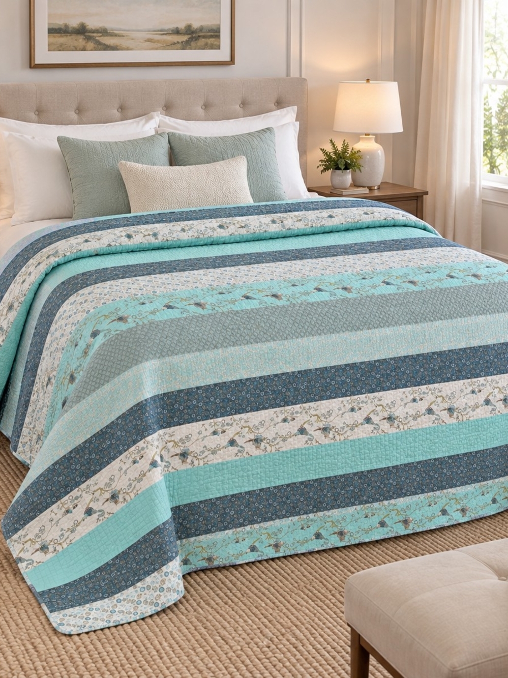 Reversible Aqua & Blue Striped Quilt - Unbranded